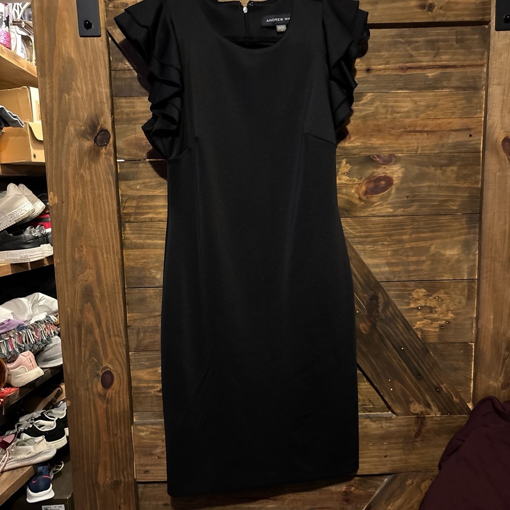 Andrew Marc Black Ruffle Sleeve Mini Dress